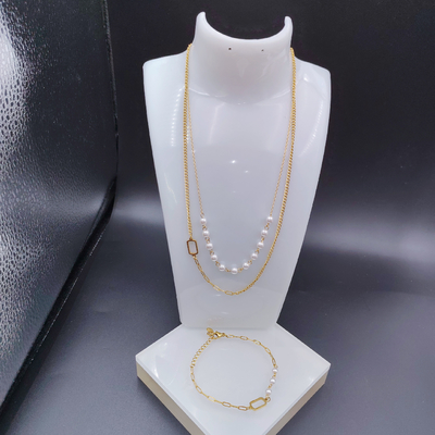 Yeni Gelişim Moda İnci Çift Çizgi En Yeni Altın Renkli Paslanmaz Çelik Küpe, Kolye, Bilezik